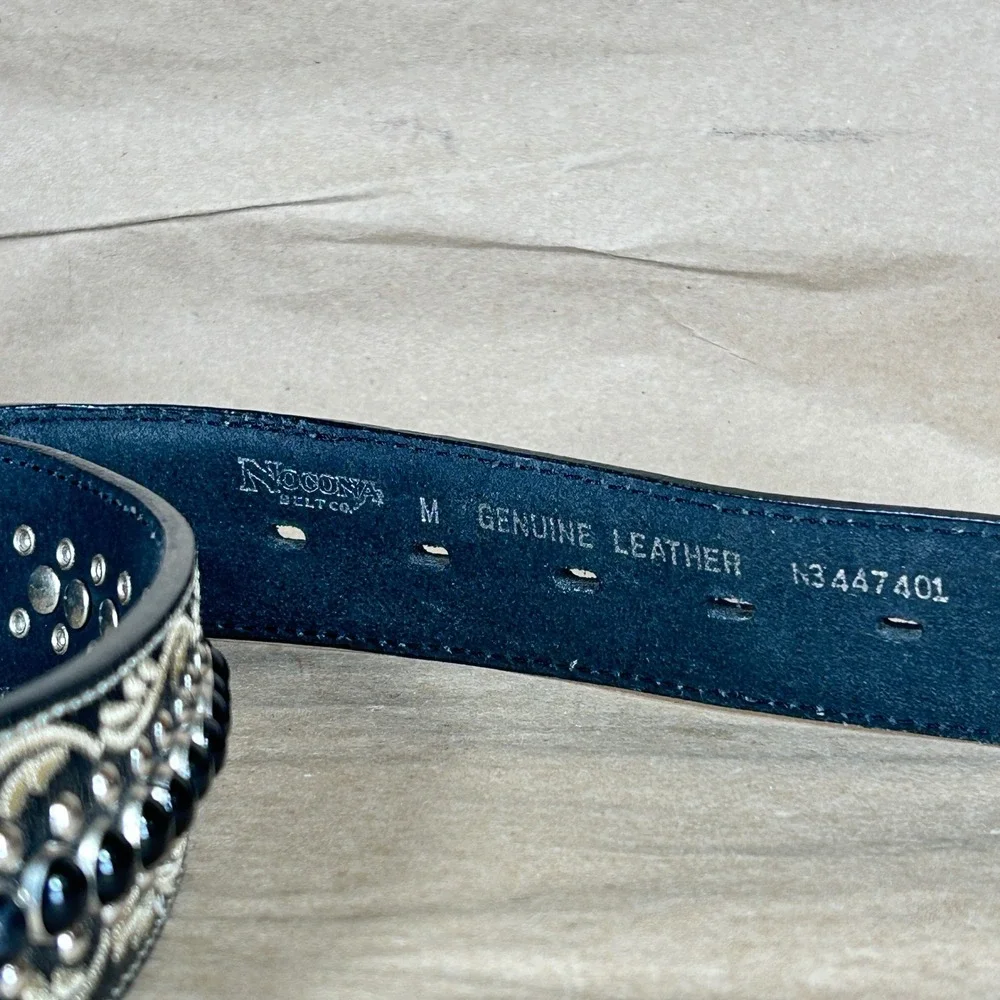 Nocona Belt Mens M Black Distressed Leather Embroidered Studded Engraved Buckle